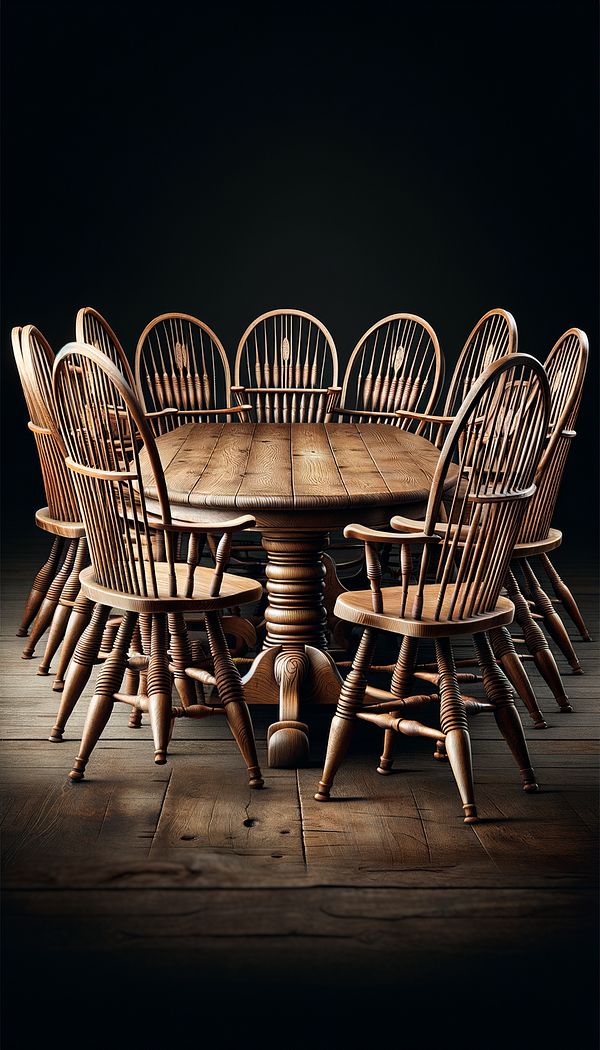 A collection of traditional Windsor Chairs, showcasing their solid wooden seats, spindle-backed design, and splayed legs, arranged around a rustic wooden dining table.