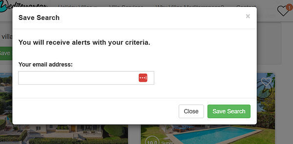 A modal window for saving a search feature on a vacation rental website.