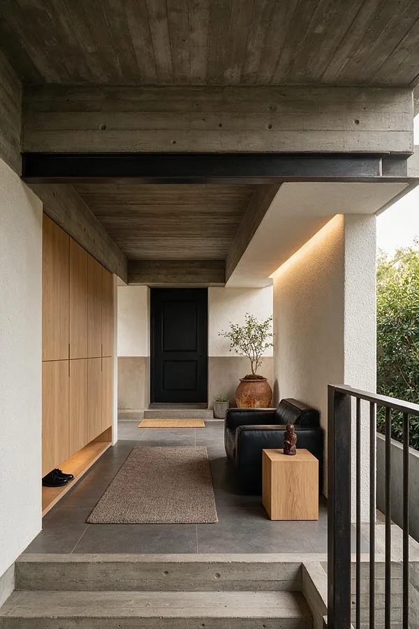 A Brutalist-style front porch with exposed concrete ceilings and beams, a black front door, white textured walls, and large gray floor tiles. Warm oak storage, a black leather chair, a small wood side table, potted plants, and a dark metal railing soften the rugged structure.