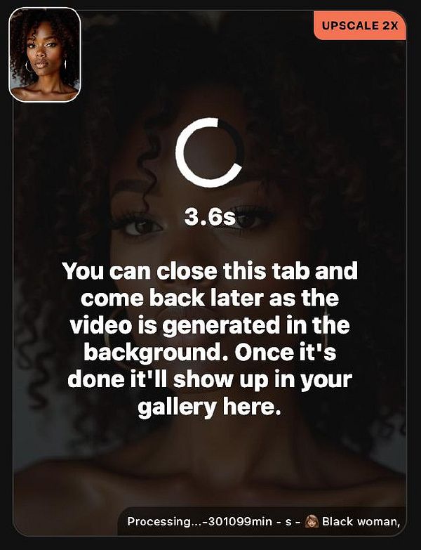 The image displays a video processing interface for an upscale video feature.