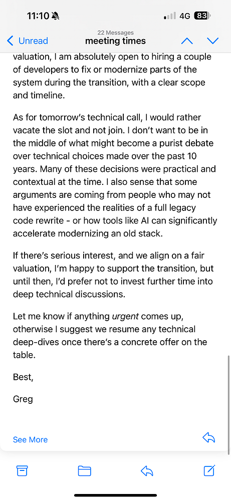 An email discussing the refusal of a technical meeting and the transition of a system.