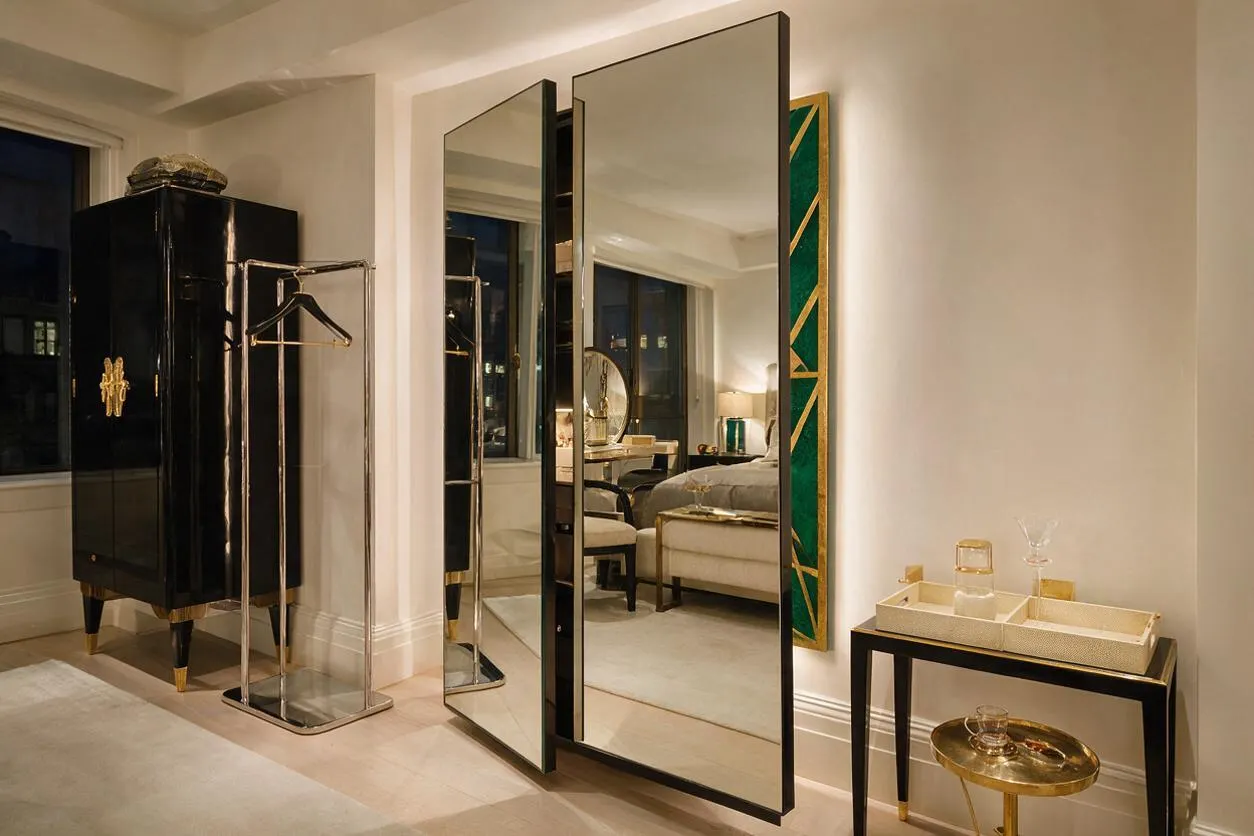 A stylish closet area in an Art Deco-inspired room with a glossy black wardrobe on tapered gold feet, a chrome valet rack, and large mirrored panels framed in black. A green-and-gold geometric wall accent adds contrast, while a slim black side table with a tray and glassware sits against the pale wall.