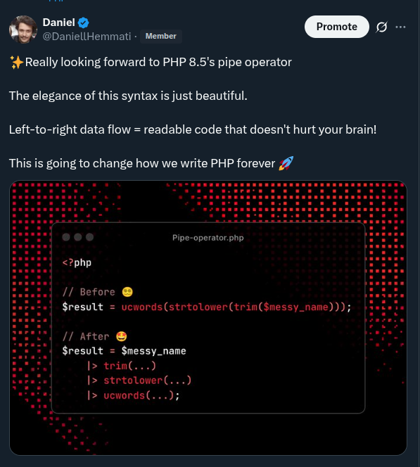 The image displays a code snippet comparing PHP syntax before and after the introduction of the pipe operator.
