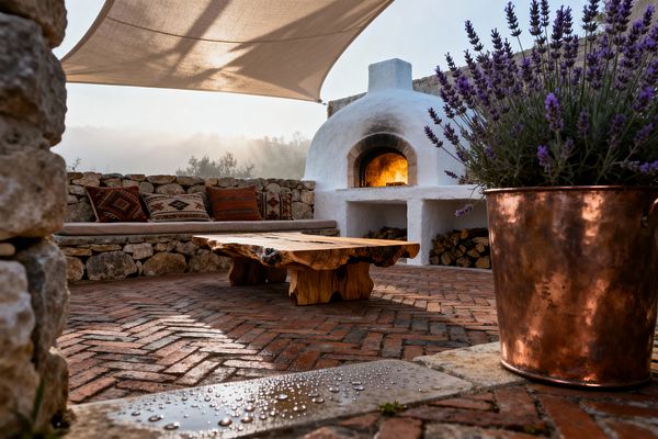 A rustic patio with herringbone red-brick flooring sits beneath a canvas shade sail. A domed white-stucco wood-fired oven glows at the back, with stacked logs in open niches. A stone wall forms a built-in bench topped with a cushion and patterned kilim pillows. At the center stands a low live-edge wood coffee table. In the foreground, lavender fills a burnished copper pot, and morning mist and water droplets catch the light across the warm, earthy setting.