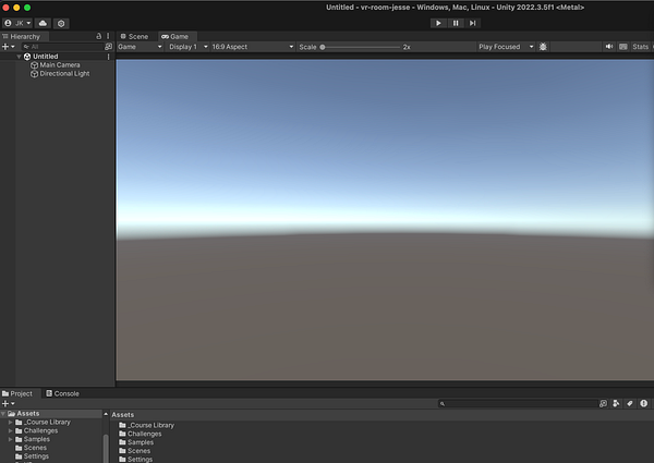 The image displays a Unity development environment with a blank scene setup for a VR project.