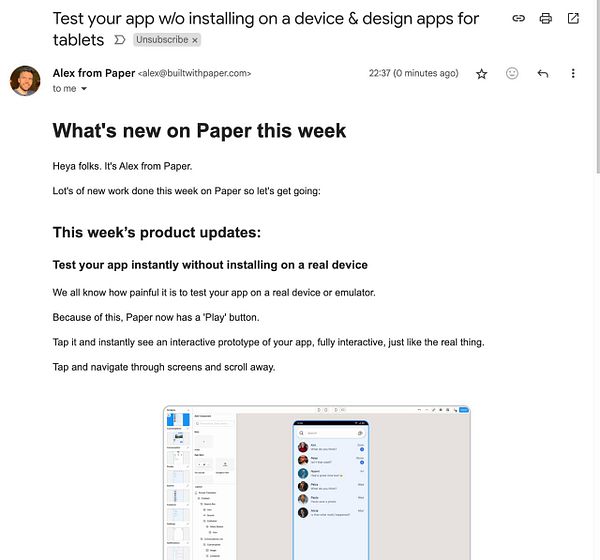 An email update from Alex at Paper detailing new features and product updates.