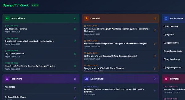 The image displays a dashboard interface for DjangoTV Kiosk, showcasing various sections for videos, presenters, conferences, and keynotes.