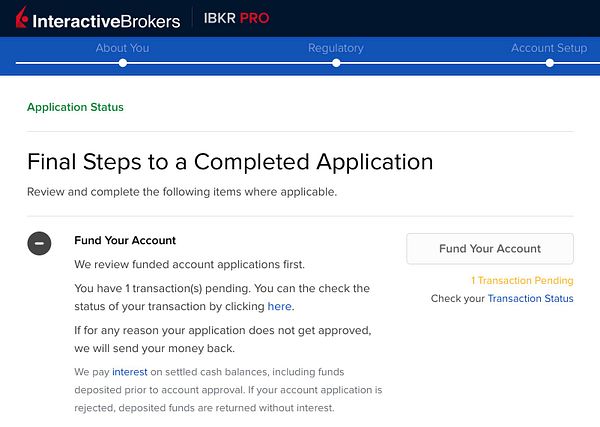 The image displays a webpage from Interactive Brokers detailing the final steps to complete an account application.
