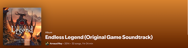 The image displays the album cover and details for the 'Endless Legend' original game soundtrack.