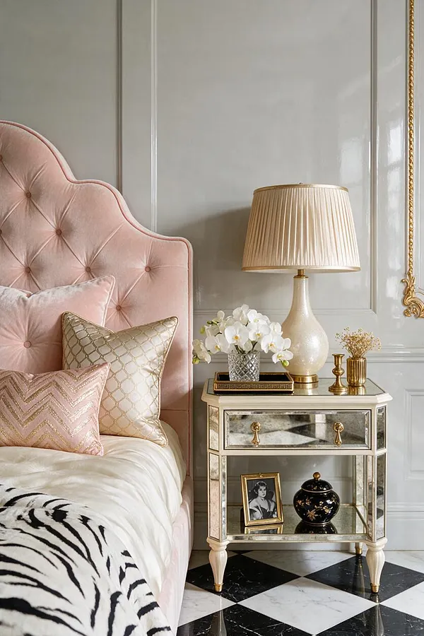 A luxurious Hollywood Regency bedroom vignette with a blush pink tufted upholstered headboard, layered pink and gold accent pillows, and a black-and-white zebra throw at the foot of the bed. Beside it sits a mirrored nightstand with gold trim, a cream pleated table lamp, white orchids, and small brass decor on a black-and-white checkered floor.