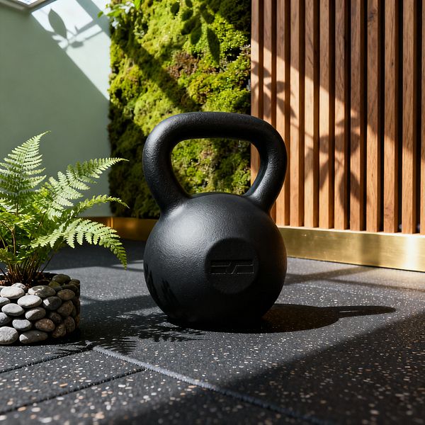 Close-up of a sunlit home gym corner showing a matte black kettlebell on speckled, interlocking rubber flooring. Behind it, a lush moss wall meets vertical light-wood slats with a brushed brass base, and a small fern in a round river-stone planter sits to the left. Daylight from an overhead skylight casts soft plant shadows across the wood, emphasizing natural textures in a clean, contemporary workout space.