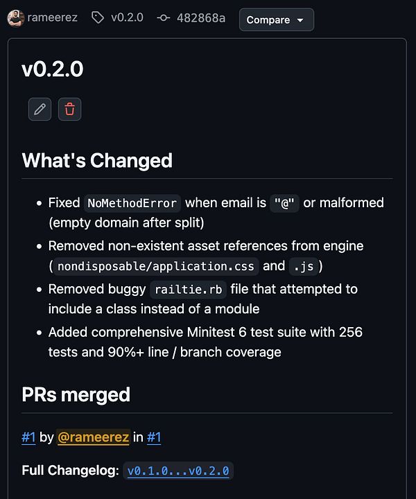 Screenshot of a Ruby on Rails application test suite output showing multiple test results and code for gem version validation.