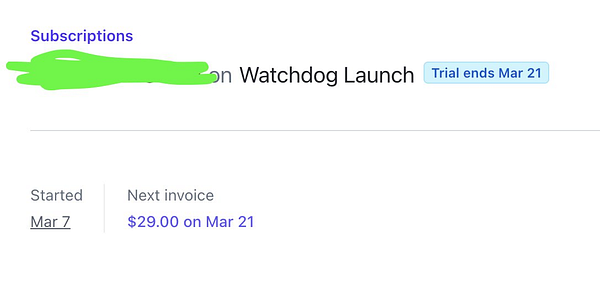 A subscription management interface displaying a trial sign-up for a service called Watchdog.