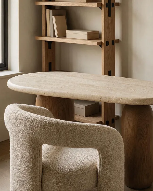 A serene home office with an oval travertine desk supported by sculptural wooden bases, paired with a boucle upholstered chair. Behind it, a light wood shelving unit holds a few neutral books and boxes, all set against soft beige walls and natural window light.