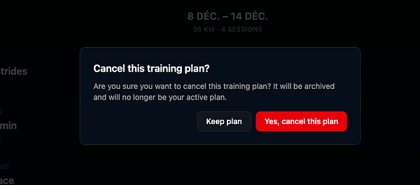 A confirmation dialog for canceling a training plan is displayed on a dark interface.