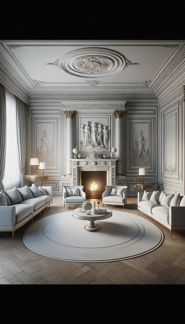 a sophisticated living room showcasing Neoclassical design elements such as a marble fireplace, straight-lined furniture with tapered legs, and classical motifs in the decor and artwork