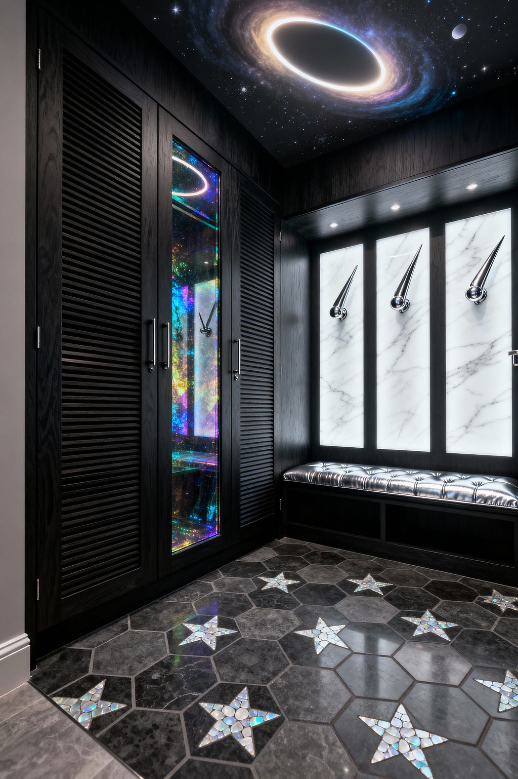 A dramatic mudroom pairs black-stained oak cabinetry with a glass-front locker that glows with iridescent color. A tufted silver bench sits beneath three backlit white marble panels fitted with polished chrome, comet-like hooks; above, a starry ceiling shows a luminous ringed nebula, while the dark hexagon stone floor is inlaid with mother-of-pearl stars and recessed lighting highlights sleek storage and hardware.