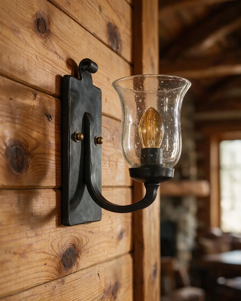 A close-up of a rustic wall sconce mounted on knotty wood paneling. The fixture has a black metal backplate and curved arm, with a clear glass shade around a warm-toned bulb.