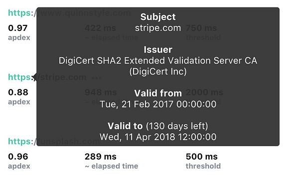 The image displays SSL certificate details in a popover, focusing on validity dates and issuer information.