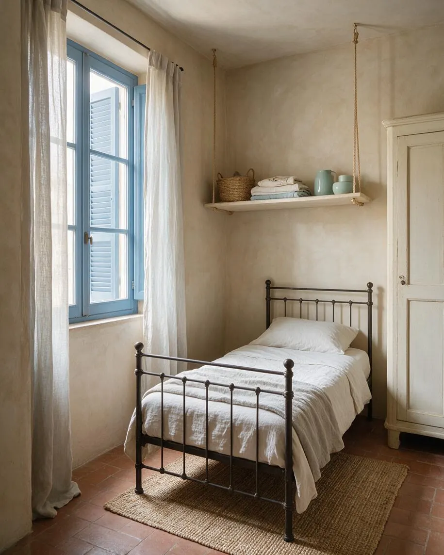 A small Mediterranean-style studio bedroom with a dark metal single bed dressed in white linens, placed against textured beige walls. Light blue French windows with sheer curtains fill the room with daylight, while a floating shelf, woven basket, and rustic wardrobe add simple, natural charm.