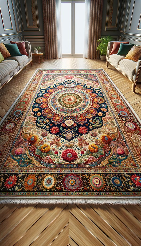 A vividly colored Persian rug with intricate floral and geometric patterns spread out on a polished wood floor, adding warmth and depth to a traditional living room setting.