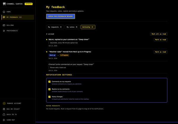 A user interface of Channel Surfer's feedback page showing notifications and notification settings for user feedback activity.
