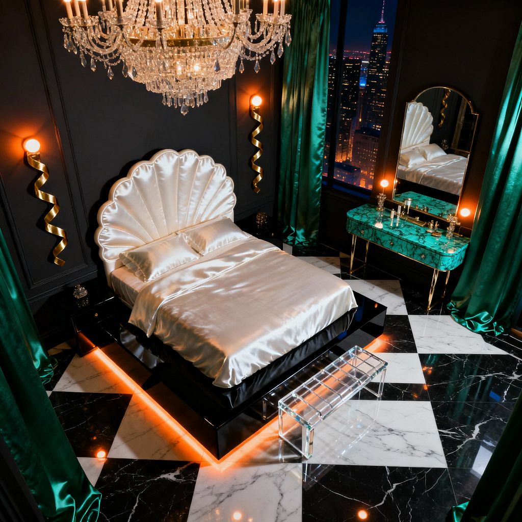 A glamorous bedroom at night features charcoal paneled walls, a cascading crystal chandelier, and a glossy black platform bed with amber underlighting. The bed has a white satin shell headboard and matching sheets, set on a large black-and-white marble checkerboard floor, with emerald satin drapes framing a city skyline, a malachite green vanity with brass legs, globe bulbs, and arched mirror to the right, serpentine brass wall sconces, and a clear lucite bench at the foot.