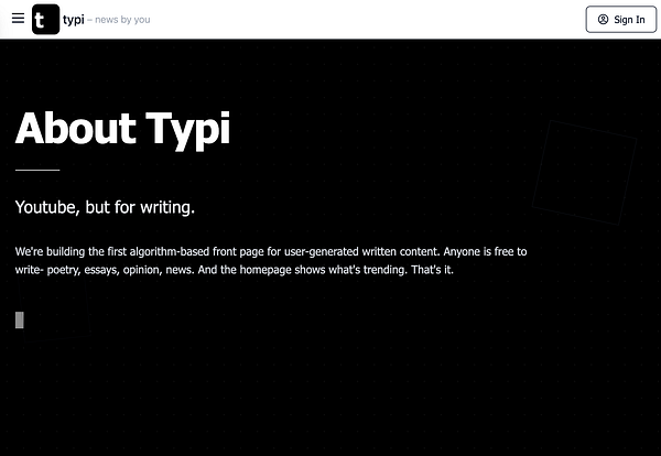 The image displays a webpage titled 'About Typi' with a dark background and white text.