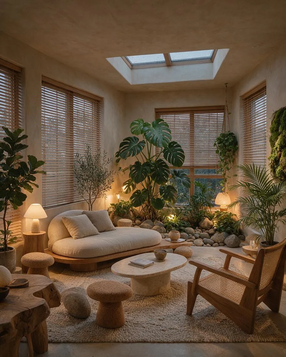 A warm studio apartment interior filled with lush greenery, natural textures, and soft neutral furnishings. A rounded cream sofa, woven chair, pebble-like stools, and a stone coffee table sit on a textured rug around an indoor rock garden beneath skylights and wood blinds.