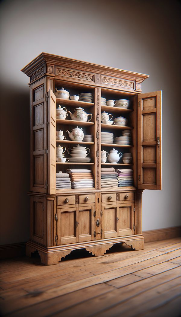 A rustic Welsh Cupboard made of oak, with its upper shelves filled with fine china and the lower doors slightly ajar, revealing neatly stored linens.