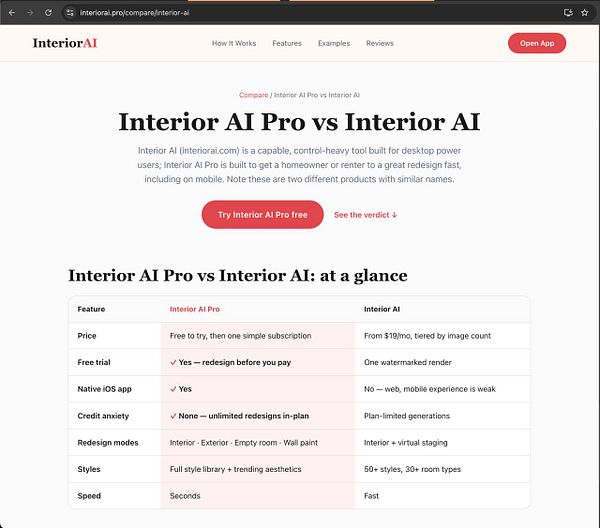 A website comparing Interior AI Pro and Interior AI features side-by-side in a table format.