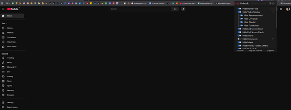 The image displays the YouTube interface with the Unhook Chrome extension menu open.