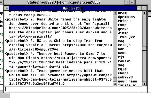 The image displays a chat interface from an IRC channel showing recent news updates.