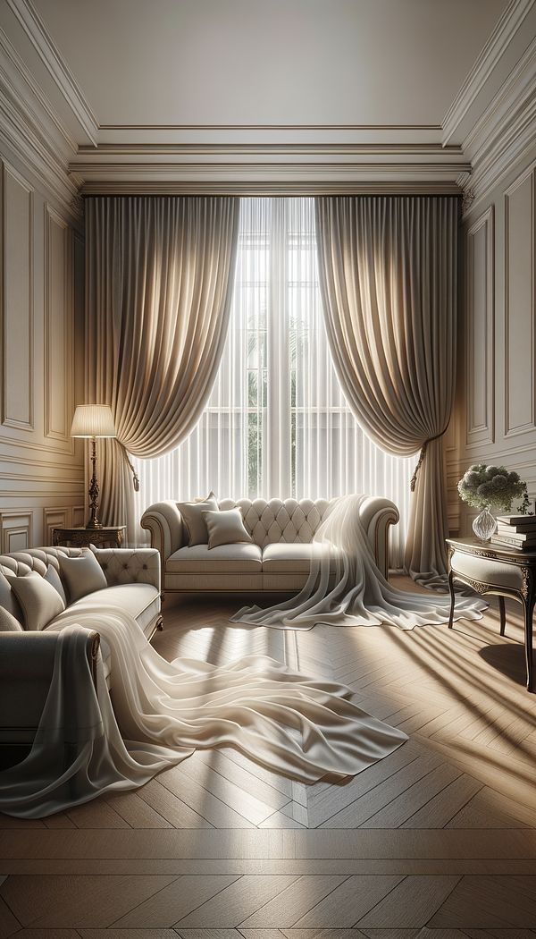 An elegant living room featuring sheer cambric window treatments that allow natural light to filter through, with a close-up shot of the fabric's fine weave and slight sheen.