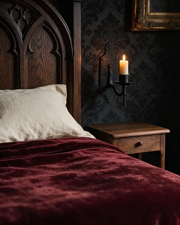 A moody Gothic-style bedroom vignette with a carved dark wood headboard, a bed dressed in burgundy velvet and a cream pillow, and a small wooden bedside table. A black metal wall sconce with a lit candle glows against dark damask wallpaper, creating a dramatic, romantic atmosphere.
