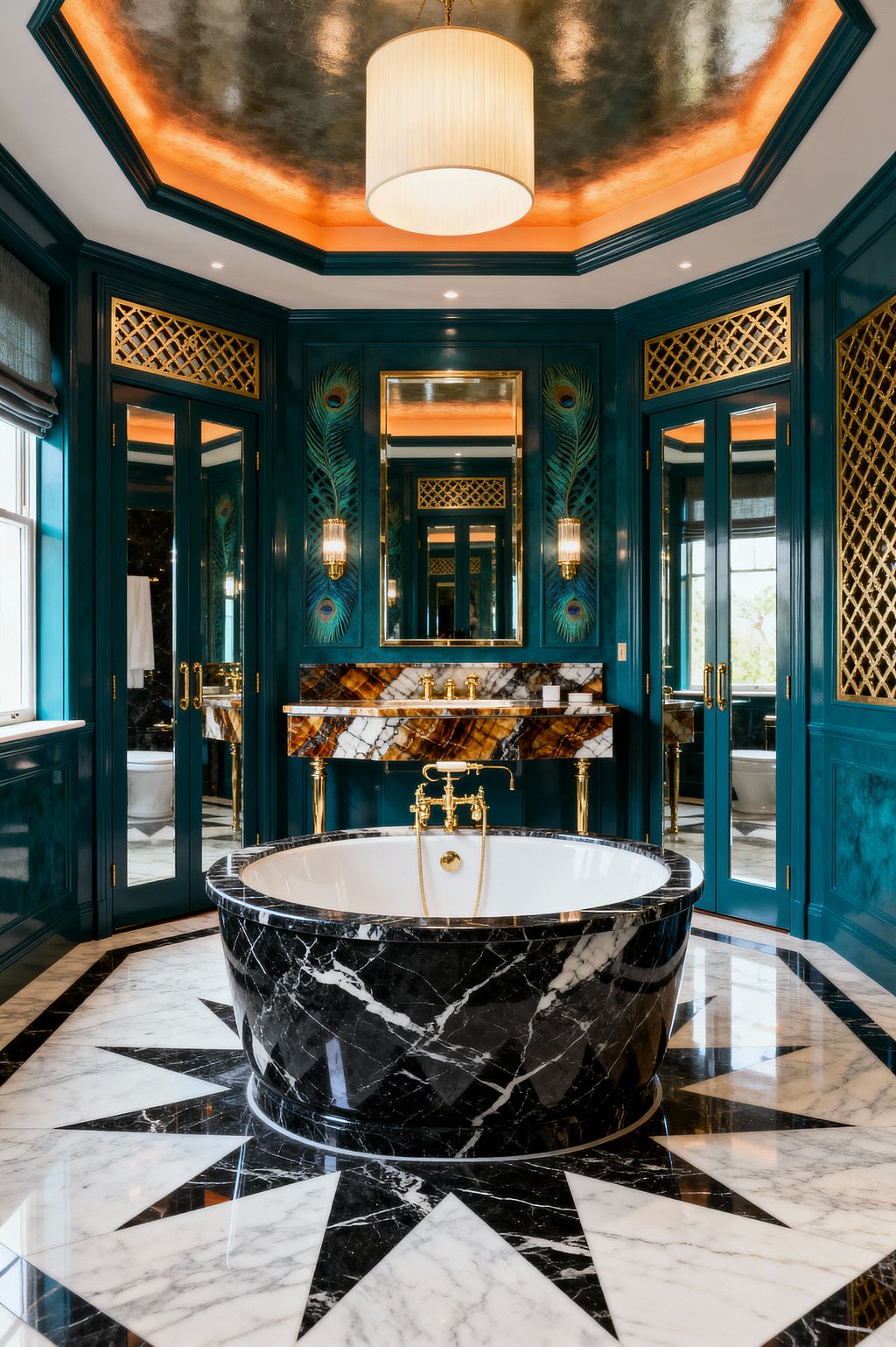 A glamorous bathroom centers on a round freestanding tub wrapped in black marble on a black-and-white starburst marble floor. Teal lacquered walls with brass lattice panels and mirrored doors surround a veined onyx console and brass fixtures, while a silvered octagonal ceiling with warm cove lighting and a drum pendant reflects light; peacock-feather reliefs and fluted sconces frame a brass-trimmed mirror.