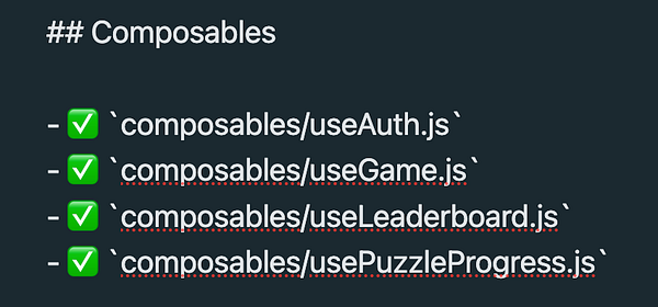 A checklist of completed composables for migration to Nuxt.