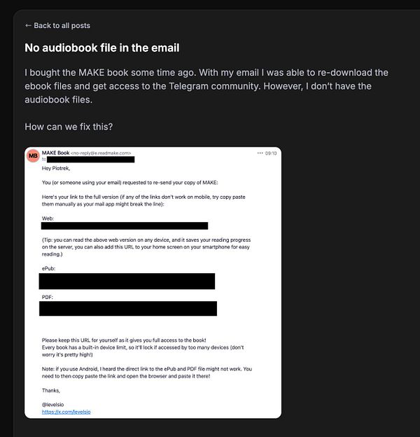 Screenshot of an email inbox showing a 'readmake' folder with an email containing an attached message about an audiobook and SKILL.md file issue.