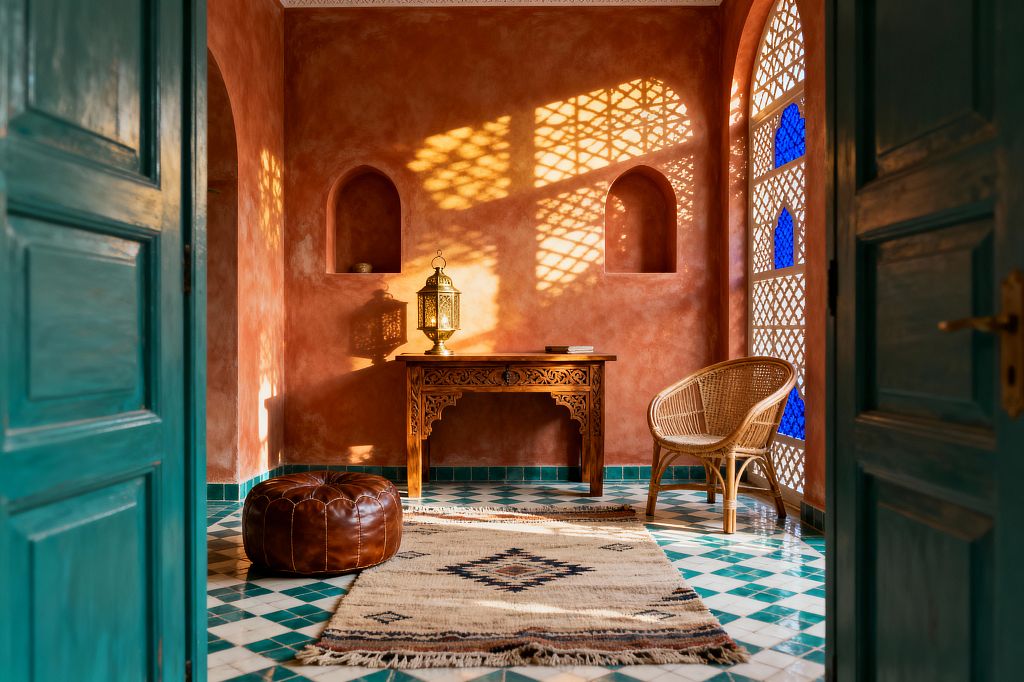 View through teal doors into a sunlit Moroccan-style home office with terracotta tadelakt walls and two arched niches. A carved wooden writing desk holds a brass lantern, while a rattan chair sits by an arched lattice window inset with cobalt glass, casting patterned shadows; a brown leather pouf and a fringed Berber rug rest on green-and-white zellige tiles, with minimal decor and warm afternoon light creating a calm atmosphere.