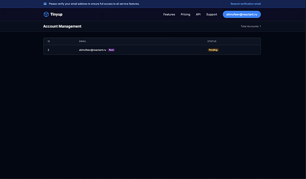 The image displays a user interface for account management in the Tinyup application.