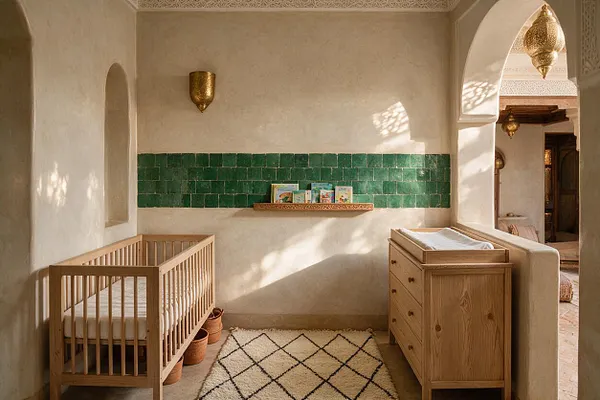 A warm Moroccan-inspired nursery with plaster walls, an arched doorway, and a band of green zellige tile across the back wall. The room includes a natural wood crib on the left, a matching wood changing dresser on the right, a cream-and-black diamond rug, and brass wall sconces and lantern-style lights overhead.