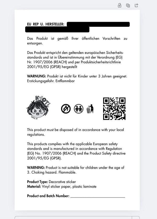 The image displays a product safety label with various warnings and compliance information.