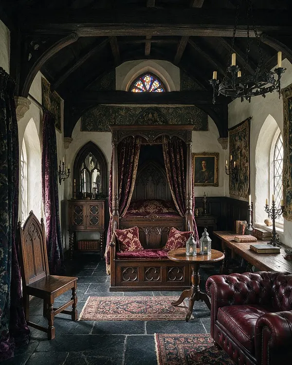 A Gothic-style front porch transformed into a moody sitting area with a carved four-poster daybed, dark wood furniture, leaded and stained-glass windows, and heavy burgundy drapery. Black stone flooring, wall tapestries, iron candle sconces, and a wrought-iron chandelier reinforce the dramatic medieval atmosphere.