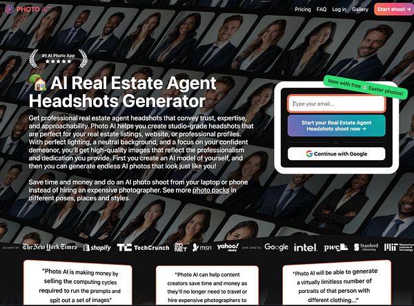 The image displays a promotional webpage for an AI-based headshot generator tailored for real estate agents.