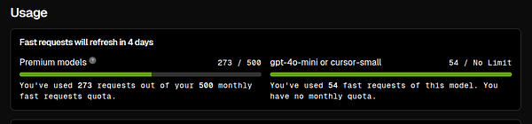 The image displays a usage dashboard for fast requests in a premium model interface.