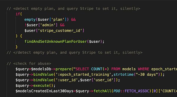 The image displays a code snippet related to user plan detection and database querying.