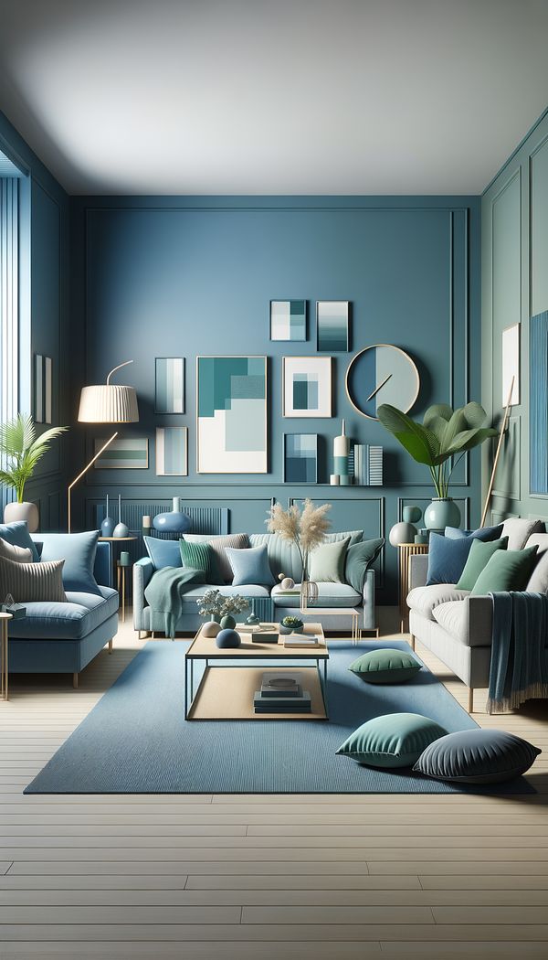 A living room designed with an analogous colour scheme of blues and greens, showcasing harmony through the use of furniture, wall colour, and decorative objects.