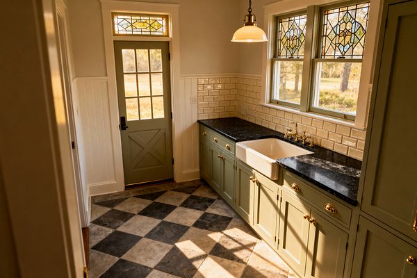 A traditional laundry room with sage green Shaker cabinets, polished brass hardware, and black stone countertops. A white fireclay farmhouse sink sits beneath two windows with stained‑glass uppers, backed by ivory beveled subway tile and white beadboard wainscoting. A schoolhouse pendant, a matching green crossbuck door with divided lights, and a charcoal‑and‑taupe checkerboard stone floor complete the warm, classic space.