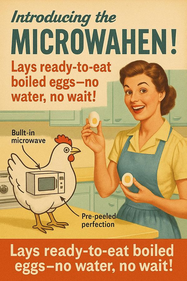 A vintage advertisement for a fictional product called the 'Microwahen' that lays boiled eggs.