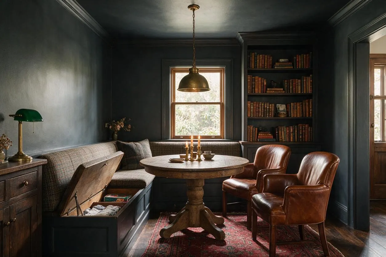 A dark academia dining room with deep charcoal walls, a wood pedestal table, two brown leather armchairs, and a built-in bookshelf filled with vintage books. A brass pendant light hangs over the table, and a window brings in soft natural light above a textured banquette and red patterned rug.